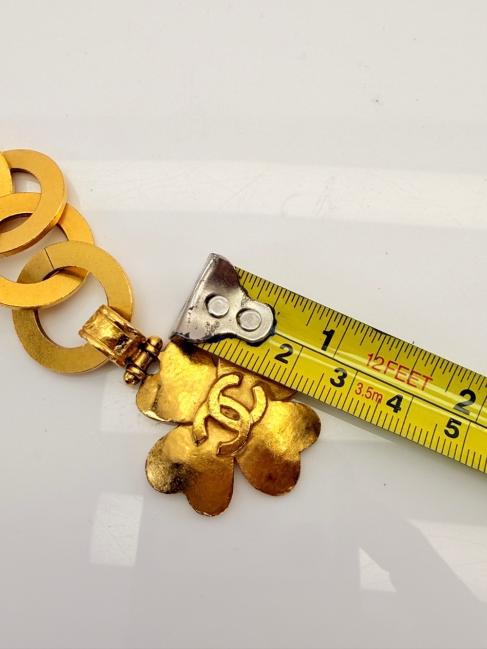 Chanel Gold Hammered Metal Round Chain Link CC Clover Charm Bracelet - Picture 11 of 12